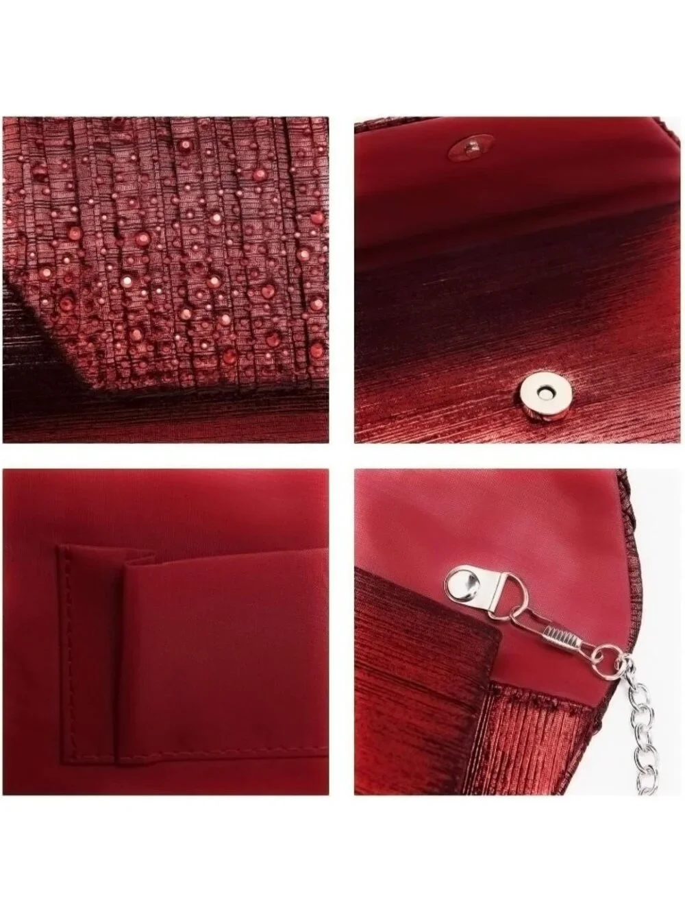 Women’s Burgundy Clutch Purse With Detachable Chain Wedding Formal Evening Bag